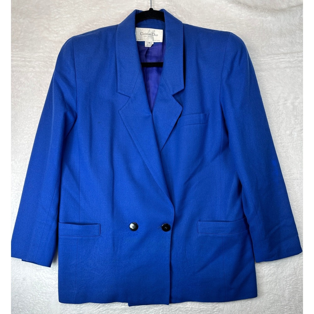 Christian Dior Vintage Suit Blazer Womens 14 Blue Wool Double Breasted